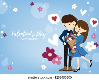 Valentines Day background of cute couple received a beautiful bouquet in happy moment with hearts on light blue background with your copy space. Concept of love and Valentines day. Vector illustration