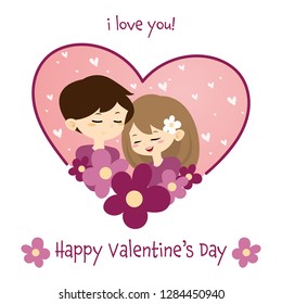 Valentines Day background of cute couple in happy moment in heart shape frame with cute flowers, i love you and Happy Valentine's Day text with cute flowers on white background. Vector illustration.
