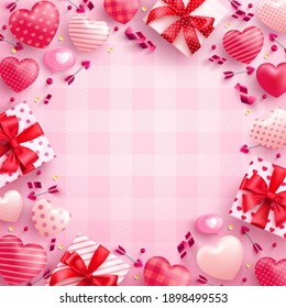 Valentine's Day background with cute gift box,sweet hearts and valentine elements on pink background.Promotion and shopping template or background for Love and Valentine's day concept.