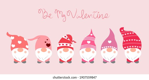 Valentine's day background with cute gnomes and 'Be My Valentine' hand-drawn word.