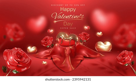 Valentine's Day background with cute hearts coated in 3D realistic chocolate placed on red silk with rose elements and gold ribbon with glitter and bokeh effect decoration.