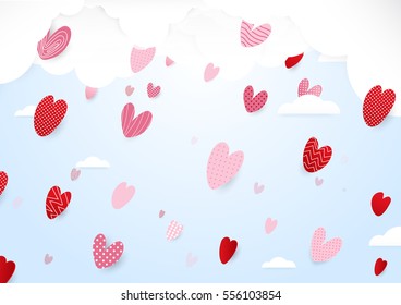 Valentines day background. Cute hearts and falling to the sky. paper art and cut, origami style