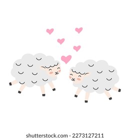 Valentine's day background with cute sheep cartoon and heart sign symbol. Vector illustration.