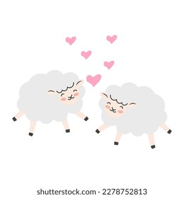 Valentine's day background with cute sheep cartoon and heart sign symbol. Vector illustration.