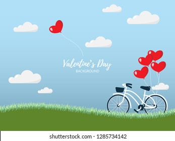 Valentines Day background of cute white bicycle with red heart shape balloons on meadow and a balloon floating on blue sky with clouds. Concept of love and Valentine day. Vector illustration.