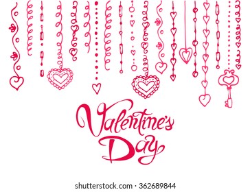 Valentines day background with dangling inscription Love and Hearts on white background. Doodle inscription and Hearts. Vector Handmade art. Can be use as t-shirt, poster, banner, cards and etc.