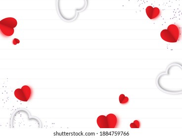 Valentine's day background decor with Elements for festive Heart white shape, Red paper heart, isolated on white wooden background. Love symbols. Top view. Copy space. Minimal. Vector Illustration.