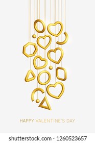 Valentines Day background decorated 3d gold hearts. Love vector illustration