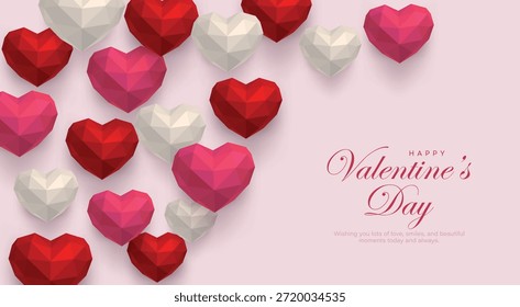Fondo del día de San Valentín Decorado con hermosos globos geométricos del corazón. Ilustración vectorial.