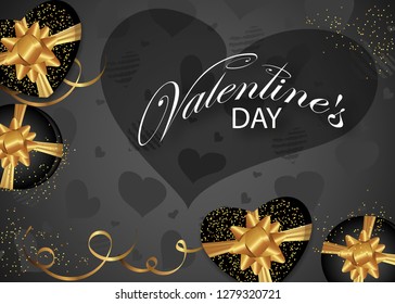 Valentines day background decorated black Boxes with gold bows, hearts and ribbon. Design for posters, banners or cards. Vector illustration.
