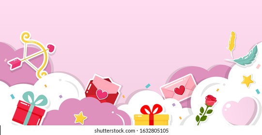 Valentine's day background decorated with gift, love letter, heart, rose, star, feather, and archer on pink background. Cartoon style. Vector illustration.