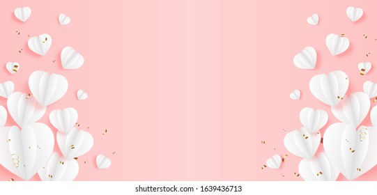 Valentines day background decorated with white paper hearts and confetti ,design on pink background. Vector illustration.