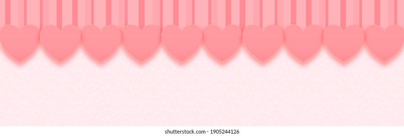 Valentine's day background design banner. Decoration with pink hearts cute isolated on light pink, heart pattern background. Cartoon style. Love symbols. Copy space for graphics. Vector illustration.