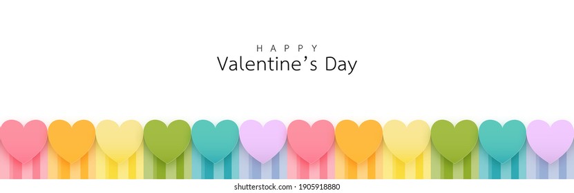 Valentine's day background design banner. Decoration with colorful hearts cute isolated on white background. Cartoon style. Love symbols. Copy space for your graphics. Vector illustration.