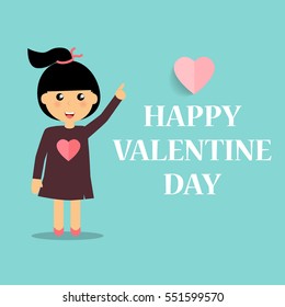 Valentines day background design with Cute girl. Vector illustration.