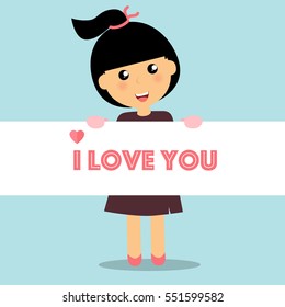 Valentines day background design with Cute girl. Vector illustration.