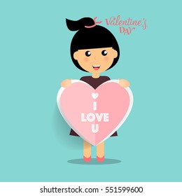 Valentines day background design with Cute girl. Vector illustration.