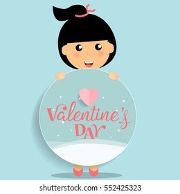 Valentines day background design with Cute girl. Vector illustration.