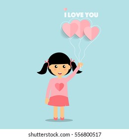 Valentines day background design with Cute girl. Vector illustration.