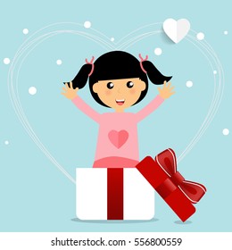 Valentines day background design with Cute girl. Vector illustration.