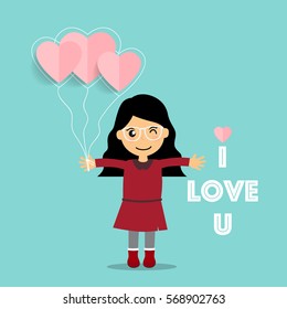 Valentines day background design with Cute girl. Vector illustration.