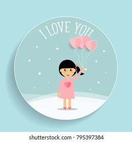 Valentines day background design with Cute girl. Vector illustration.