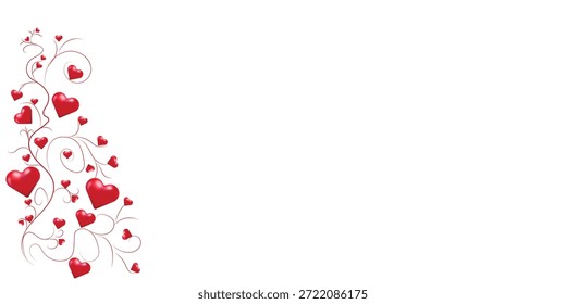 Projeto de fundo do Dia dos Namorados apresentando corações 3D vermelhos criativos em uma videira floral decorativa para layouts de férias minimalistas.