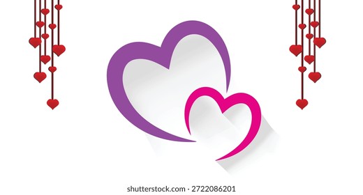 Diseño de fondo de San Valentín con corazones rojos colgantes creativos y siluetas minimalistas de corazón púrpura para tarjetas de felicitación de vacaciones.
