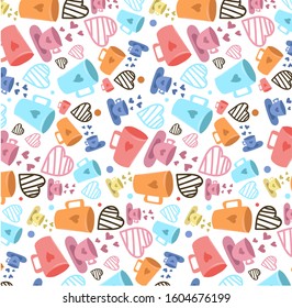Valentine's day background design with pink love. Cute heart and glass repeated pattern ideal for wrapping paper, textile. Fashion prints. Printing with in hand drawn style on stylish white