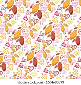 Valentine's day background design with pink love. Cute heart and balloon repeated pattern ideal for wrapping paper, textile. Fashion prints. Printing with in hand drawn style on stylish white