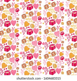 Valentine's day background design with pink love. Cute heart and gift repeated pattern ideal for wrapping paper, textile. Fashion prints. Printing with in hand drawn style on stylish white