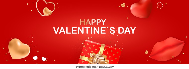 Valentine's Day Background Design with Realistic Lips and Heart. Template  for advertising, web, social media and fashion ads.  Poster, flyer, greeting card. Vector Illustration