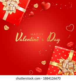 Valentine's Day Background Design with Realistic Lips and Heart. Template  for advertising, web, social media and fashion ads.  Poster, flyer, greeting card. Vector Illustration