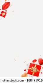 Diseño de fondo del Día de San Valentín con labios y corazón realistas. Plantilla para publicidad, web, medios sociales y anuncios de moda.  Cartel, volante, tarjeta de saludo. Ilustración vectorial