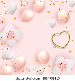 Valentine's Day Background Design with Realistic Gift Box and Heart. Template  for advertising, web, social media and fashion ads.  Poster, flyer, greeting card. Vector Illustration