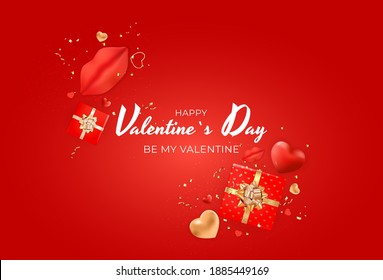 Valentine's Day Background Design with Realistic Lips and Heart. Template  for advertising, web, social media and fashion ads.  Poster, flyer, greeting card. Vector Illustration