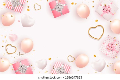 Diseño de fondo del Día de San Valentín con caja de regalo y corazón realistas. Plantilla para publicidad, web, medios sociales y anuncios de moda.  Cartel, volante, tarjeta de saludo. Ilustración vectorial