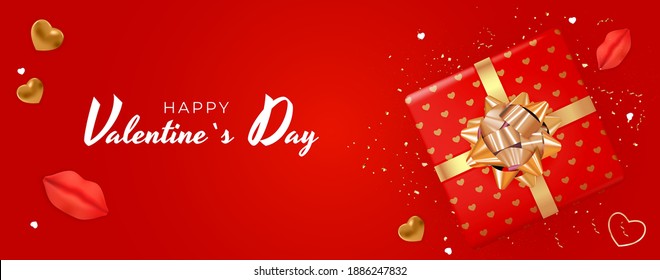 Diseño de fondo del Día de San Valentín con labios y corazones realistas. Plantilla para publicidad, web, medios sociales y anuncios de moda.  Cartel, volante, tarjeta de saludo. Ilustración vectorial