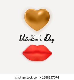 Valentine's Day Background Design with Realistic Lips and Hearts.. Template  for advertising, web, social media and fashion ads.  Poster, flyer, greeting card. Vector Illustration