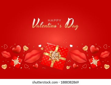 Valentine's Day Background Design with Realistic Lips and Heart, gift box. Template  for advertising, web, social media and fashion ads.  Poster, flyer, greeting card. Vector Illustration