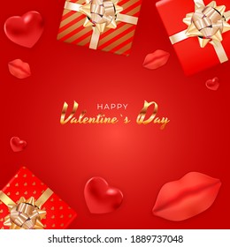 Valentine's Day Background Design with Realistic Lips and Hearts, Gift box. Template  for advertising, web, social media and fashion ads.  Poster, flyer, greeting card. Vector Illustration