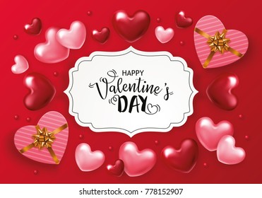 Valentines day background design with realistic heart shapes and gift box. Vector illustration