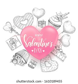 Valentines Day background with doodle hand drawn objects in sketch style-lollipop, glazed donut, glass of champagne, gift boxes, pie,cupcake around 3d realistic heart.Happy Valentines Day - Lettering