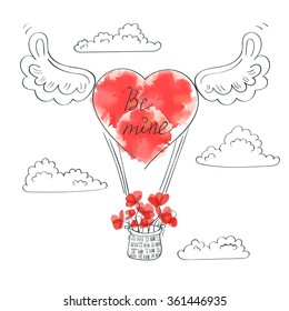 Valentines day background. Doodle illustration of balloon with red flowers. 