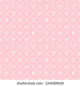 Valentines day background. Doodle style various hearts and crossing diagonal stripes, streaks seamless vector repeat pattern. Uneven hand drawn lattice, square grid, trellis, grating regular texture.