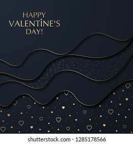 The Valentine's day background with the effect of cut paper waves. Golden hearts and dots pattern.  Vector illustration.