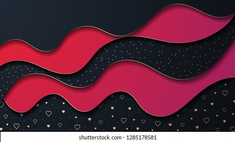 The Valentine's day background. The effect of cut paper. Golden hearts and dots pattern.  Vector illustration.