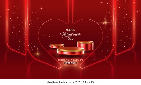 Fondo del día de San Valentín con podio dorado vacío y líneas rojas de luz de neón del corazón. Diseño de Plantilla de Anuncio de lujo para la promoción del producto. Ilustración vectorial.