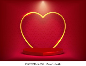 Valentine's day background. Empty pedestal decor with heart-shaped gold metal on Red studio background. Red heart platform for product display, show, and advertising.