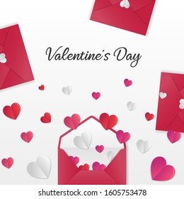 Valentine's day background of envelope with with heart shaped paper cut decoration. Minimalist horizontal holiday banner and typography vector
